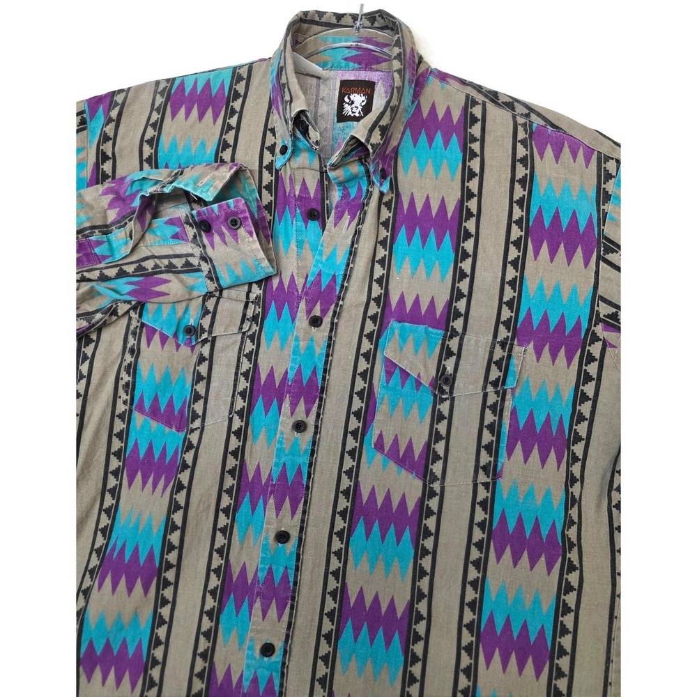 Karman Shirt Mens Large Multicolor Aztec Southwestern Long Sleeve Button Front‎